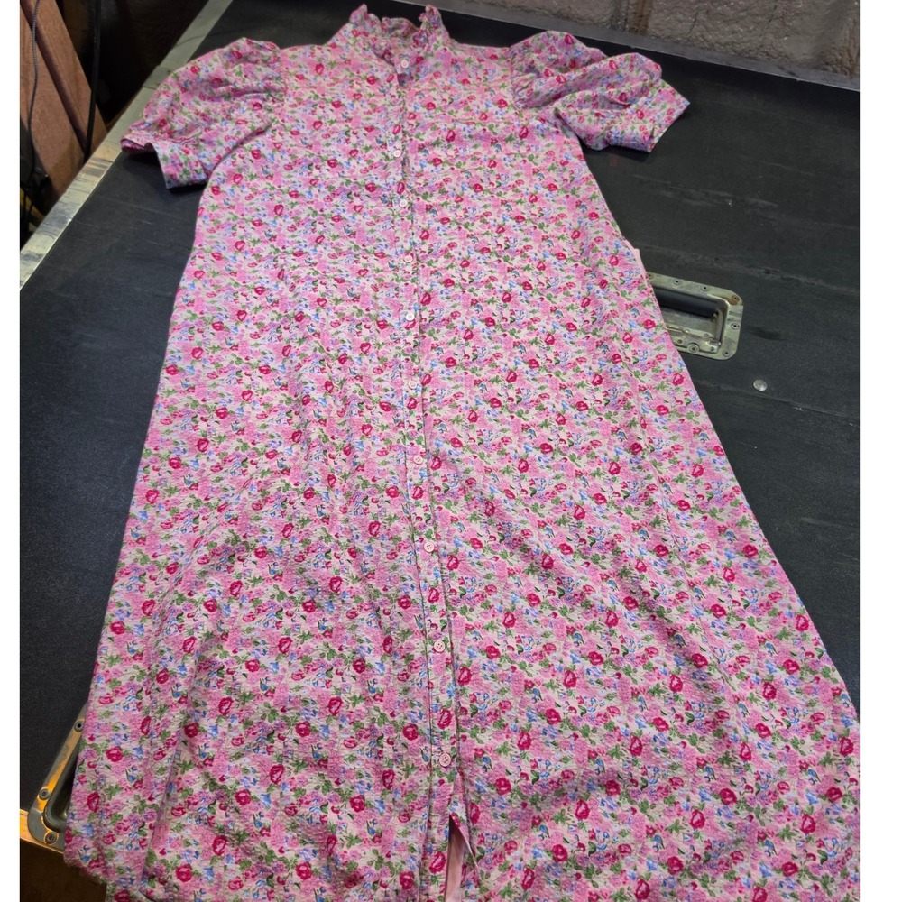 Hyacinth House Pink Floral Cotton Ruffle Neck Puff Sleeve Midi Shirtdress S